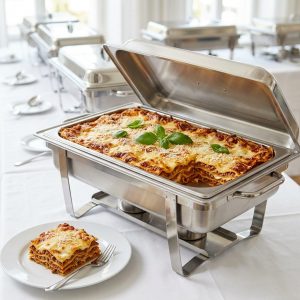 Lasagne mit Rinderbolognese in einer Auflaufform, goldbraun überbacken mit Käse von ehab Catering