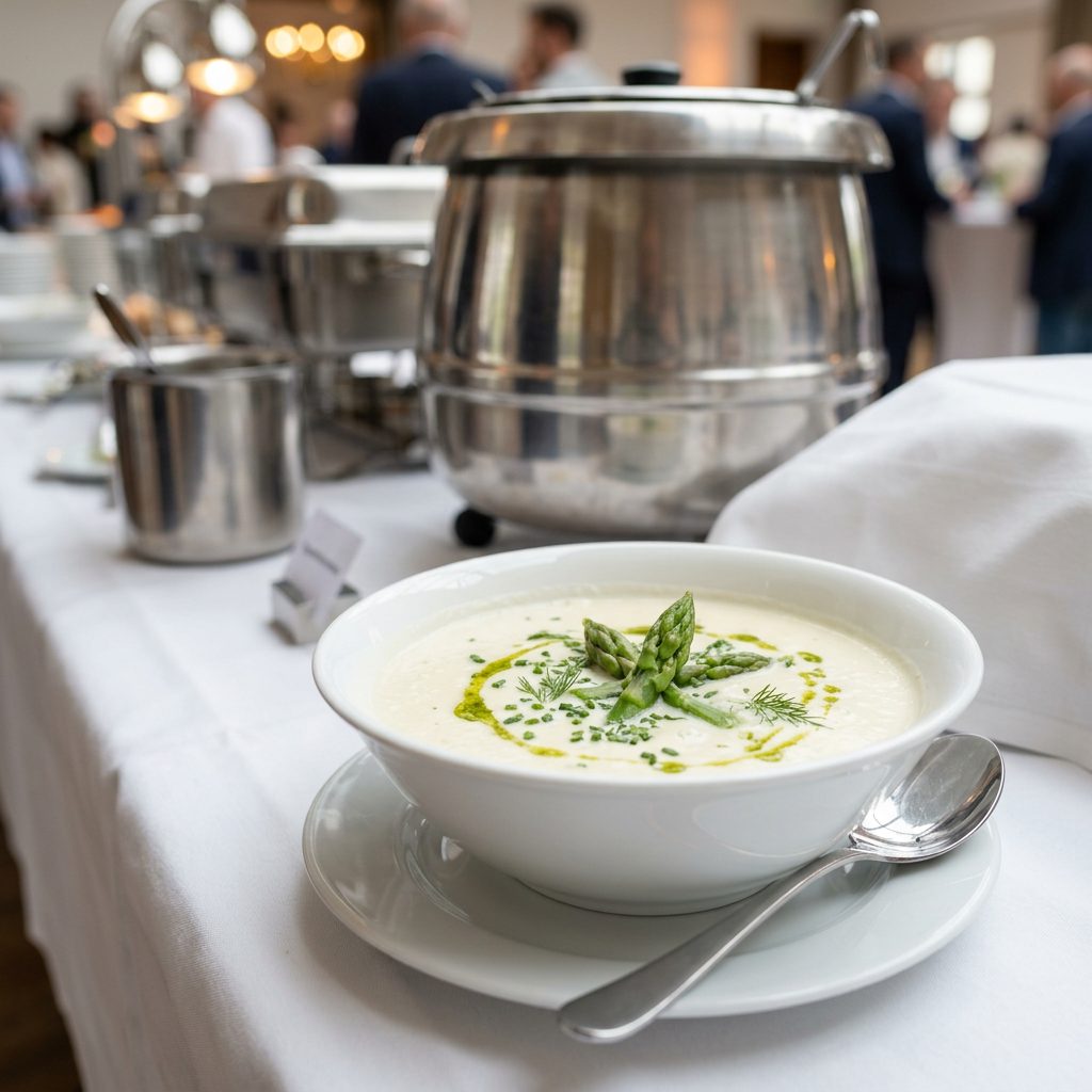 Spargelcremesuppe mit grünen Spargelspitzen