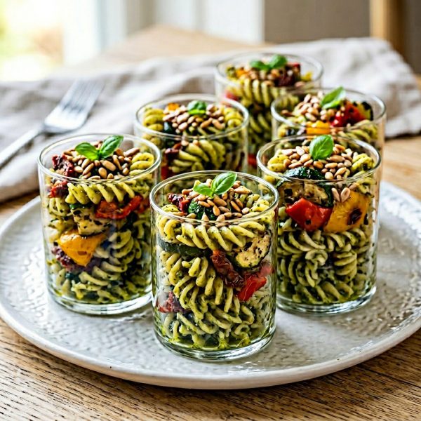 Mediterraner Nudelsalat im Gläschen von ehab catering