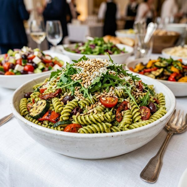 Mediterraner Nudelsalat in der Schüssel von ehab catering