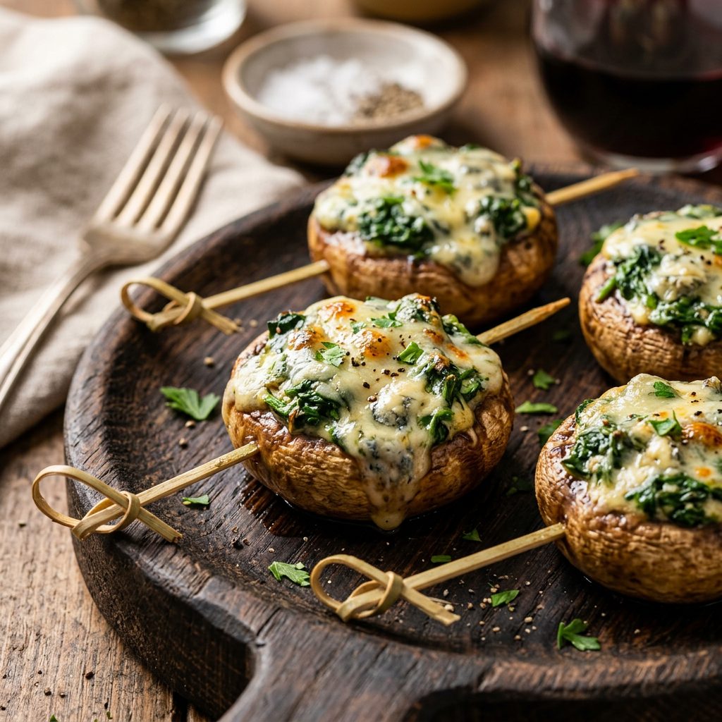 Gefüllte Champignonköpfe mit Spinat und Gorgonzola. am spieß von ehab catering