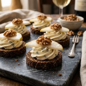 Pumpernickel mit Roquefortcreme, Birnenscheiben, Walnuss von ehab catering