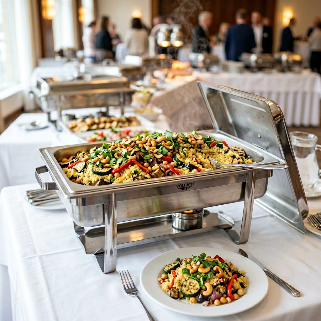 Couscous-Gemüsepfanne mit mediterranem Gemüse, Kichererbsen und gerösteten Cashewkernen von ehab Catering