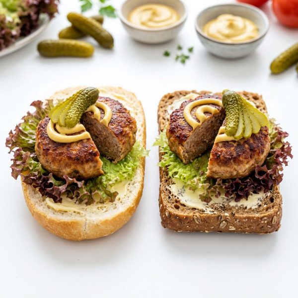 Belegte halbe Brötchen mit Frikadelle, Senf und Cornichons von ehab Catering