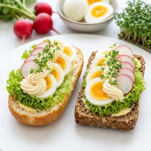 Belegte halbe Brötchen mit Ei, Mayonnaise, Radieschen und Kresse von ehab Catering