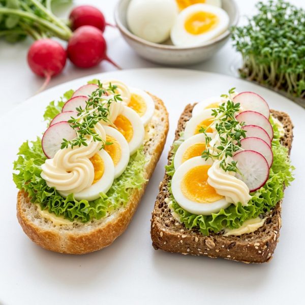 Belegte halbe Brötchen mit Ei, Mayonnaise, Radieschen und Kresse von ehab Catering