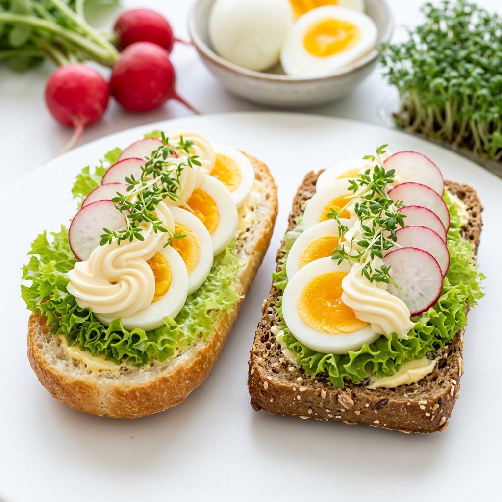 Belegte halbe Brötchen mit Ei, Mayonnaise, Radieschen und Kresse von ehab Catering