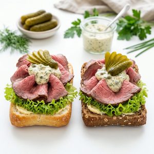 Belegte halbe Brötchen mit Roastbeef, Remoulade und Cornichons von ehab Catering