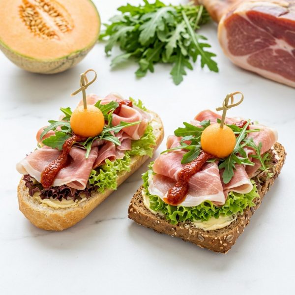 Belegte halbe Brötchen mit Serranoschinken, Melonenkugeln, Rucola und Rotem Pesto von ehab Catering