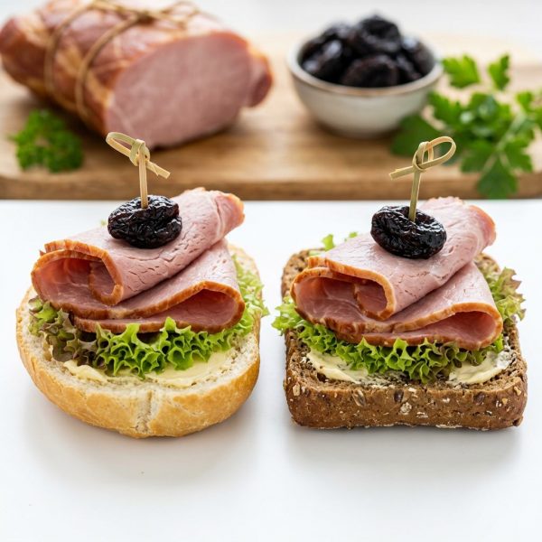 Belegte halbe Brötchen mit Kasslerbraten und Backpflaume am Spieß von ehab Catering