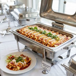 Enchiladas Hähnchen in einer Auflaufform mit Käse überbacken, gefüllt mit Hähnchen, Paprika und Mais von ehab Catering