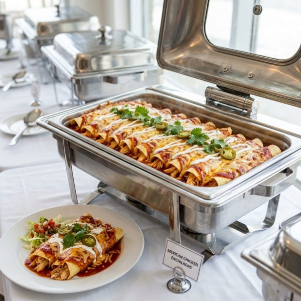 Enchiladas Hähnchen in einer Auflaufform mit Käse überbacken, gefüllt mit Hähnchen, Paprika und Mais von ehab Catering