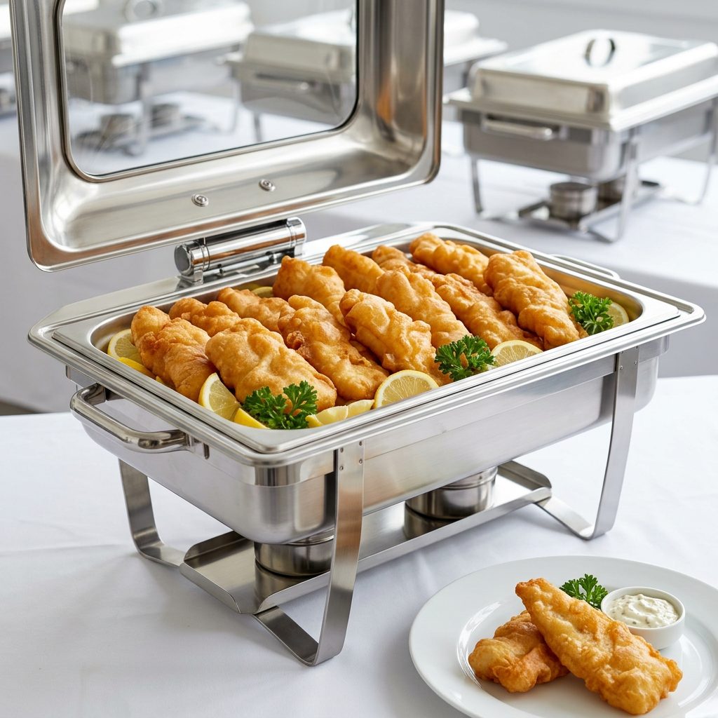 Gebackenes Rotbarschfilet in knusprigem Bierteig von ehab Catering