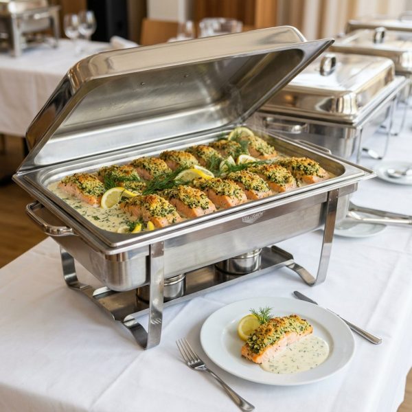 Lachs mit Käse-Kräuter-Kruste und Weißwein-Rahm-Kräuter-Sauce von ehab Catering