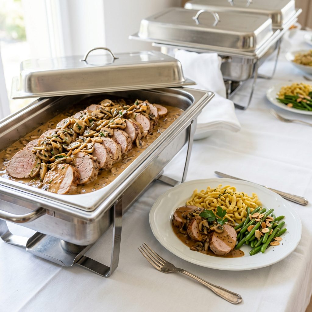 Schweinefilet mit goldbrauner Käse-Kräuter-Kruste in Weißwein-Rahm-Sauce von ehab Catering