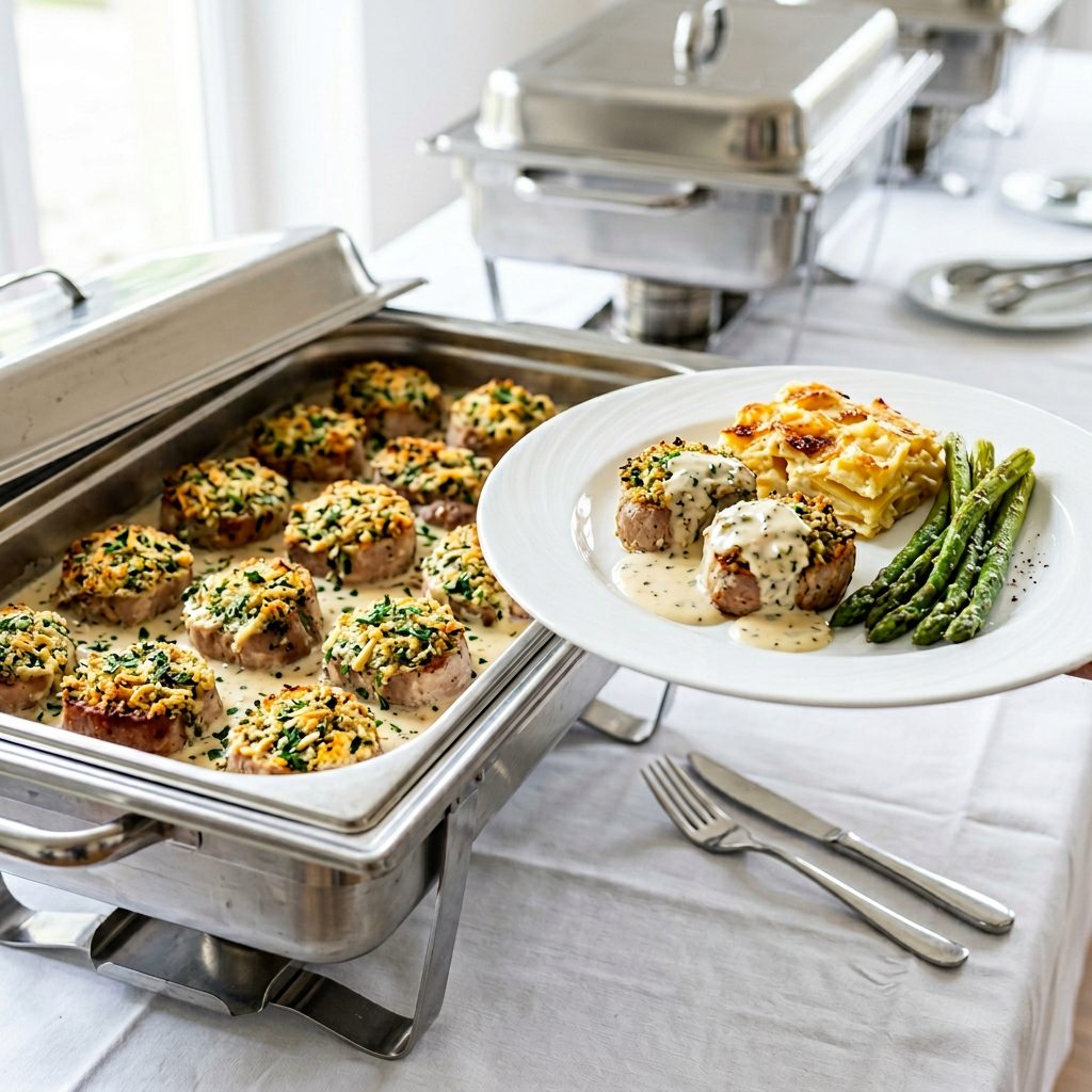 Schweinefilet mit goldbrauner Käse-Kräuter-Kruste in Weißwein-Rahm-Sauce von ehab Catering