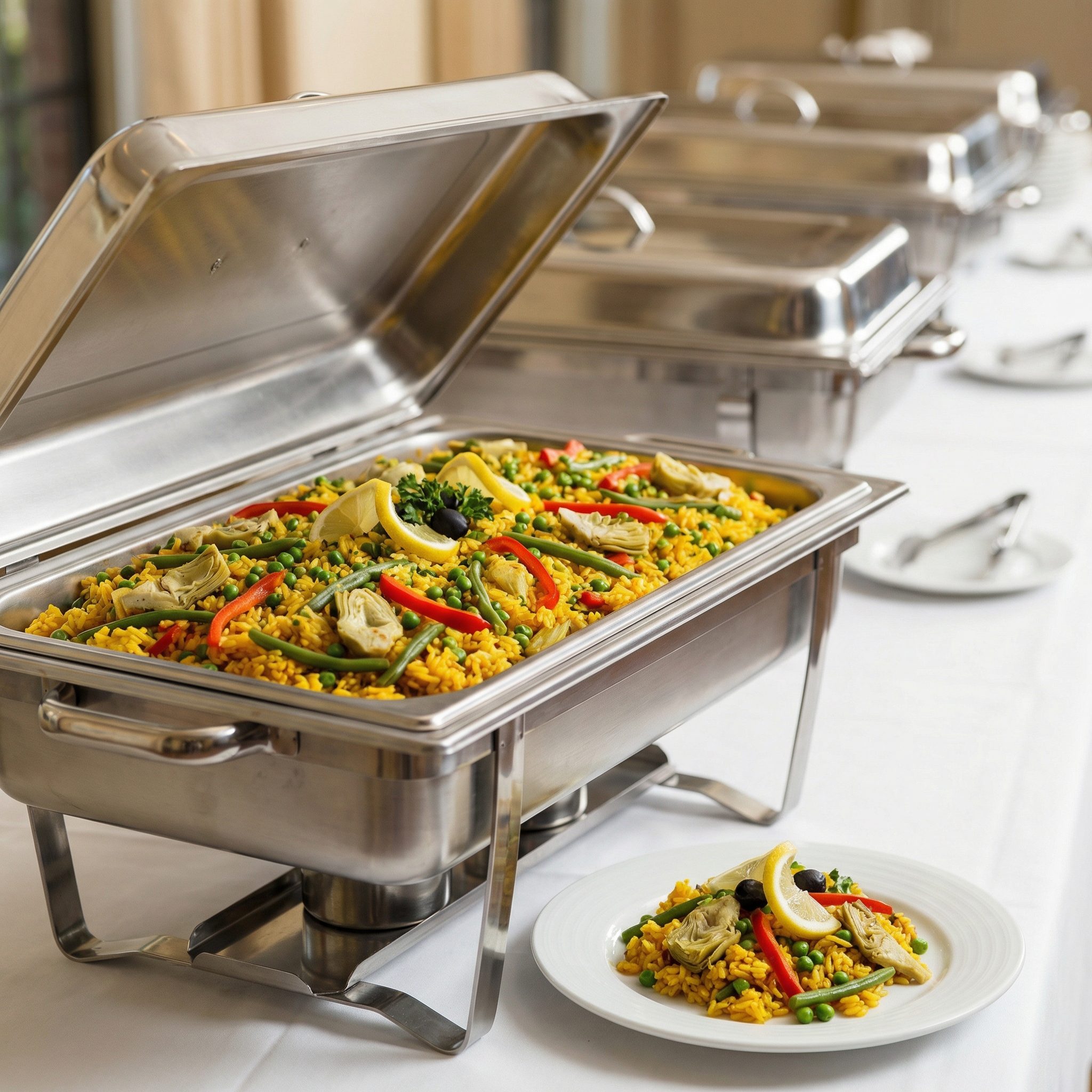 Gemüse-Paella mit buntem Gemüse, Artischocken und Safran in der Pfanne von ehab Catering