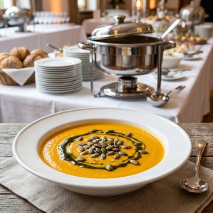 Kuerbiscremesuppe-mit-Kernen-und-Kuerbisoel von ehab catering