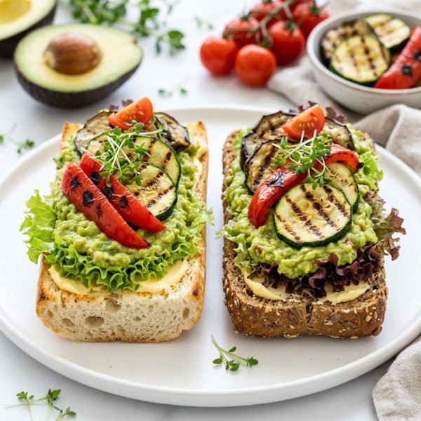 Belegte halbe Brötchen mit gegrilltem Gemüse und Guacamole von ehab Catering
