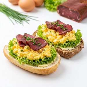 Belegte halbe Brötchen mit Rührei und Pastirma von ehab Catering