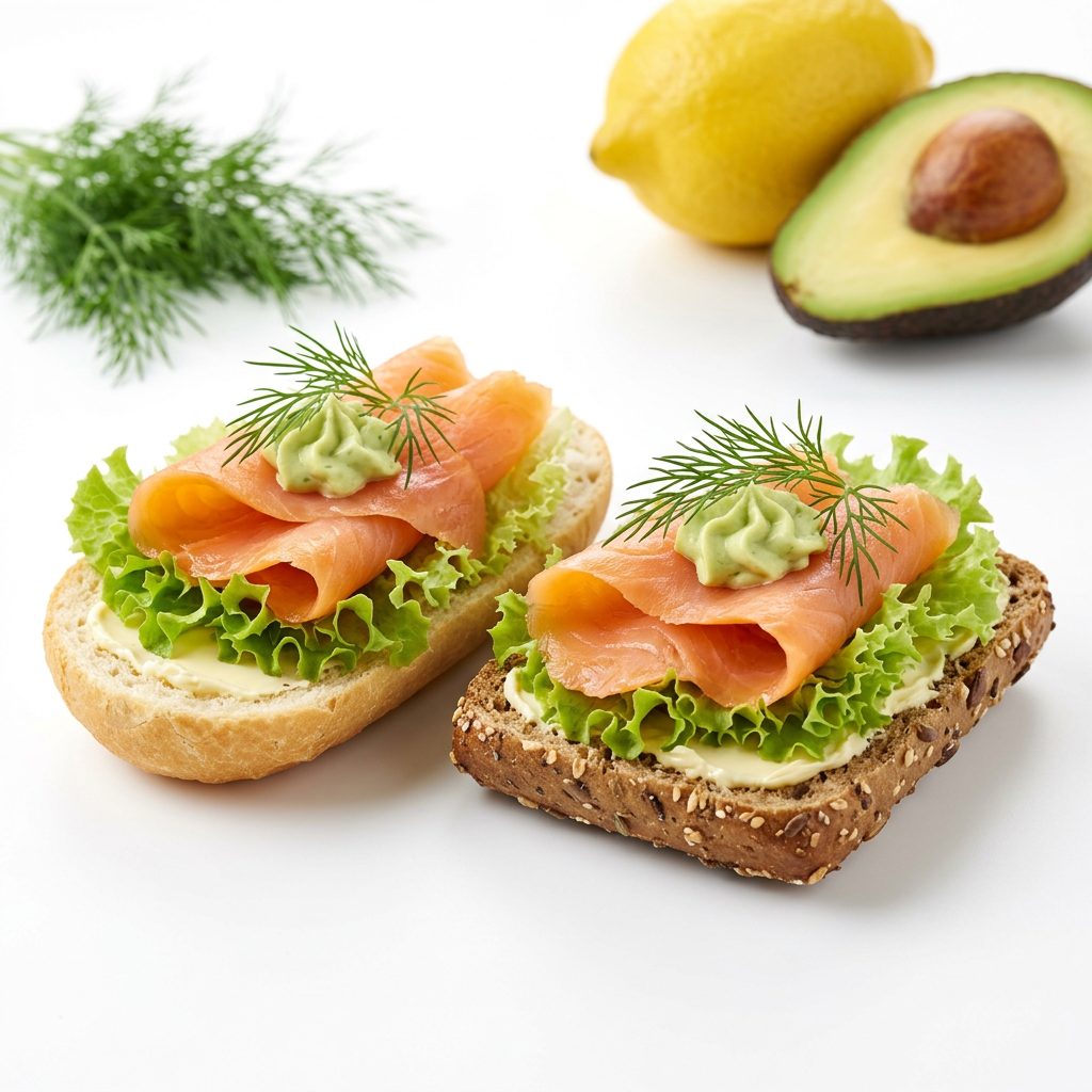 Belegte halbe Brötchen mit Räucherlachs, Avocado-Meerrettich-Creme und Dill von ehab Catering