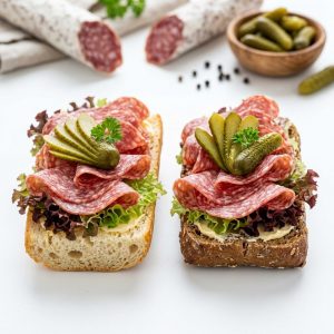 Belegte halbe Brötchen mit italienischer Salami und Gewürzgurke von ehab Catering