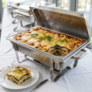 Lachs-Spinat-Lasagne in einer Auflaufform, goldbraun überbacken von ehab Catering